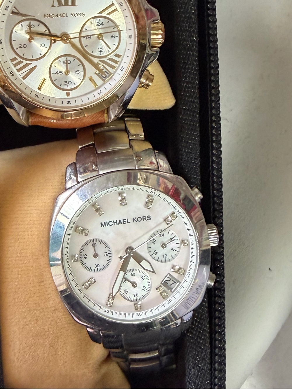 Michael Kors Silver Watch mother of pearl face with diamond accents